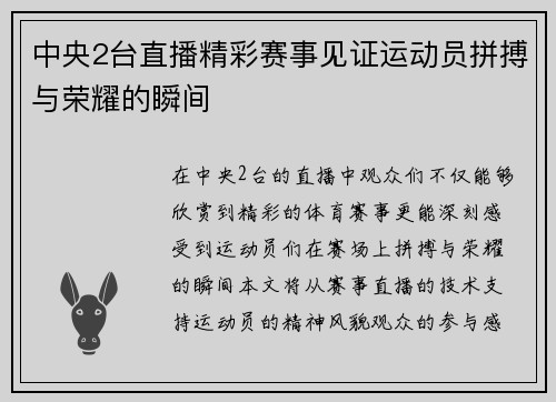 中央2台直播精彩赛事见证运动员拼搏与荣耀的瞬间